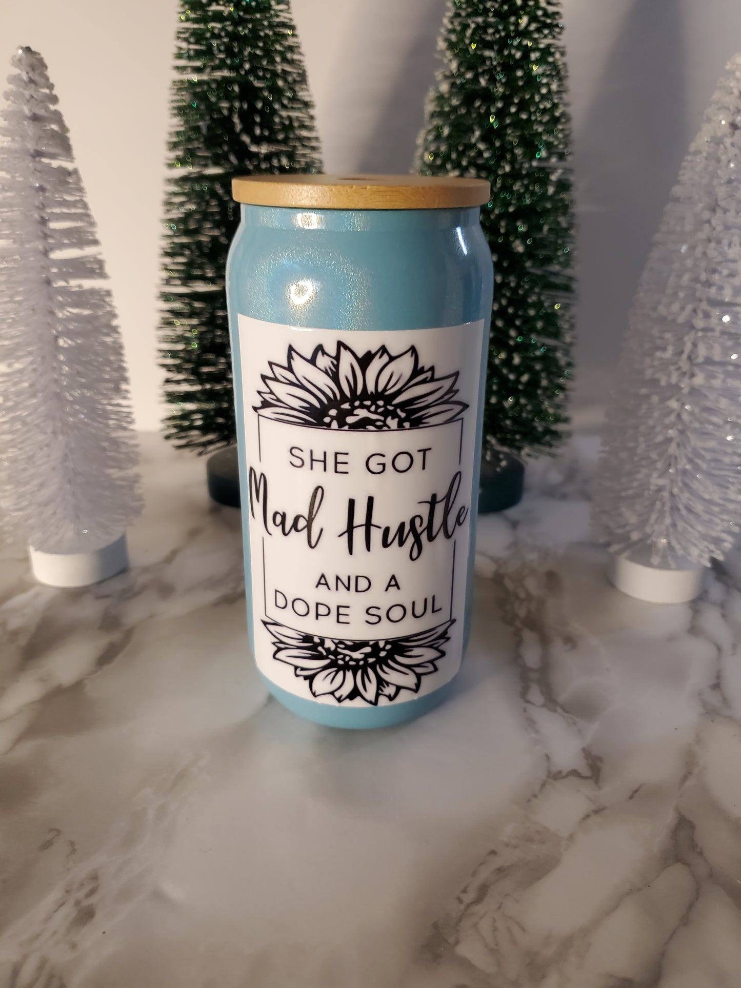 Mad Hustle & A Dope Soul Glitter Blue Glass Can