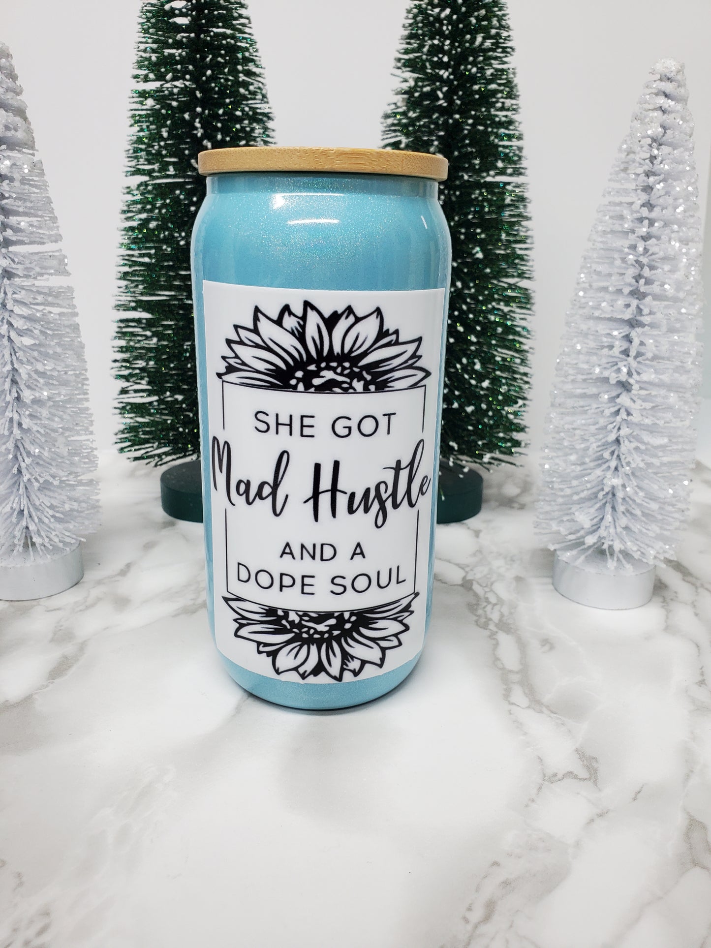 Mad Hustle & A Dope Soul Glitter Blue Glass Can