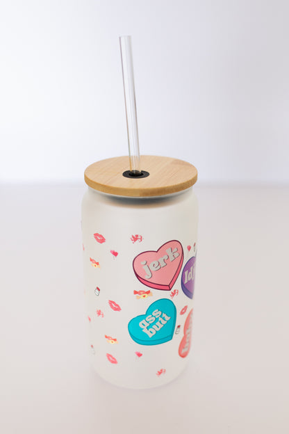 Supernatural Love Heart Glass Can w/ Bamboo Lid & Straw