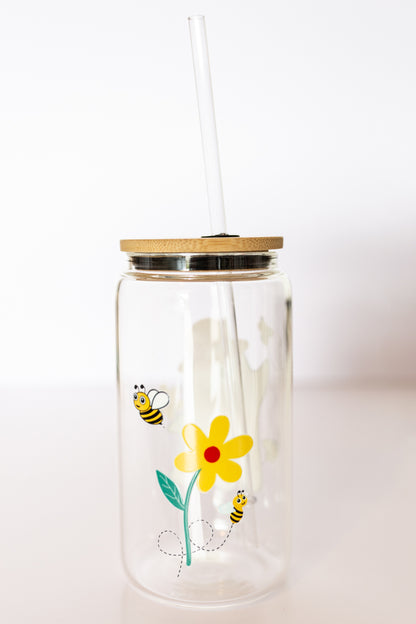Summer Bee Ghosty Glass Can w/ Bamboo Lid & Straw