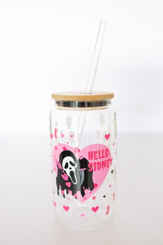 Ghost Face Spooky Sweet Glass Can w/ Bamboo Lid & Straw