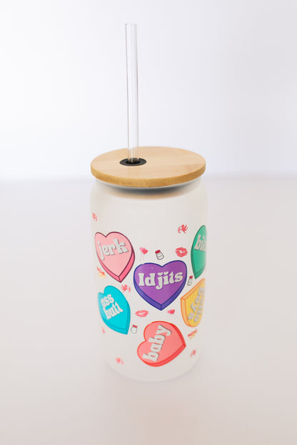 Supernatural Love Heart Glass Can w/ Bamboo Lid & Straw