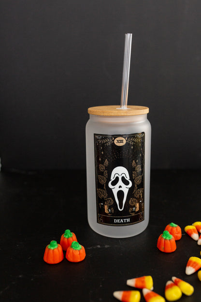 Ghost Face Tarot Death Card Glass Can w/ Bamboo Lid & Straw
