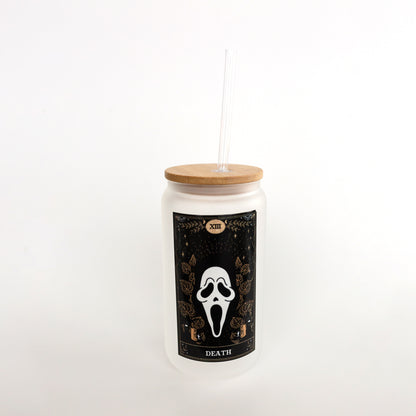 Ghost Face Tarot Death Card Glass Can w/ Bamboo Lid & Straw